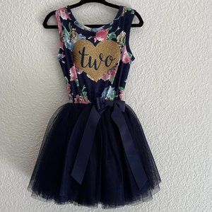 Two Year Old Birthday Dress. NWOT. Blue w/ Floral & Gold Sparkle Heart.